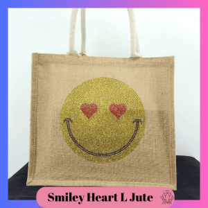 Smiley Heart shape eyes rhinestone large Jute Bag